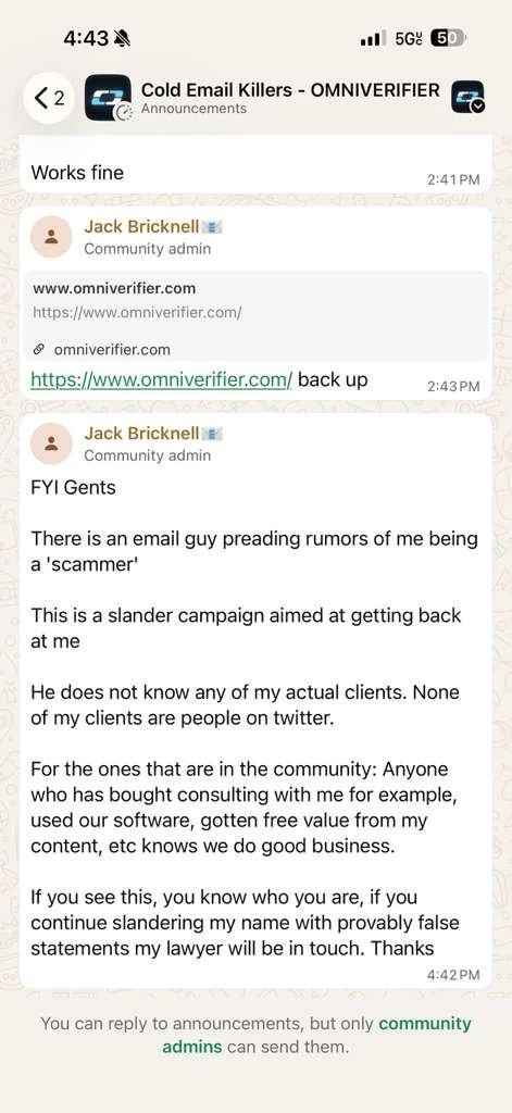 Jack Bricknell calling the exposé a slander campaign in his community channel