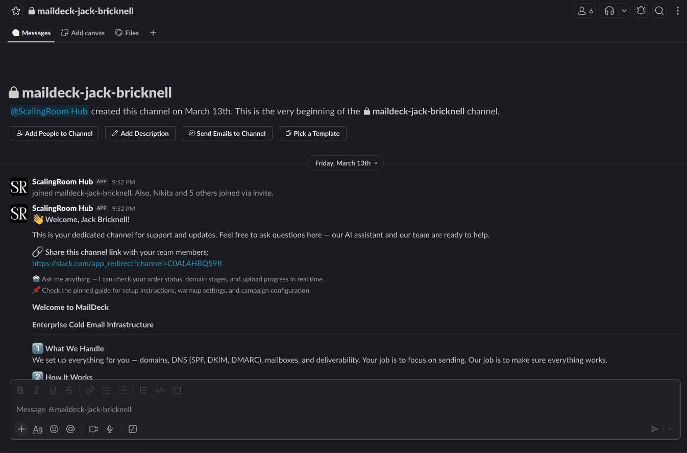 Slack: the MailDeck channel