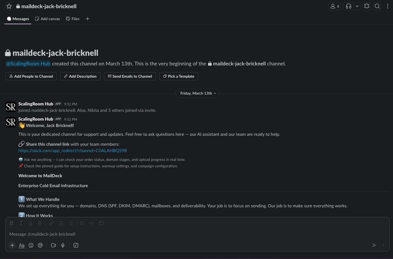 Slack: the MailDeck channel