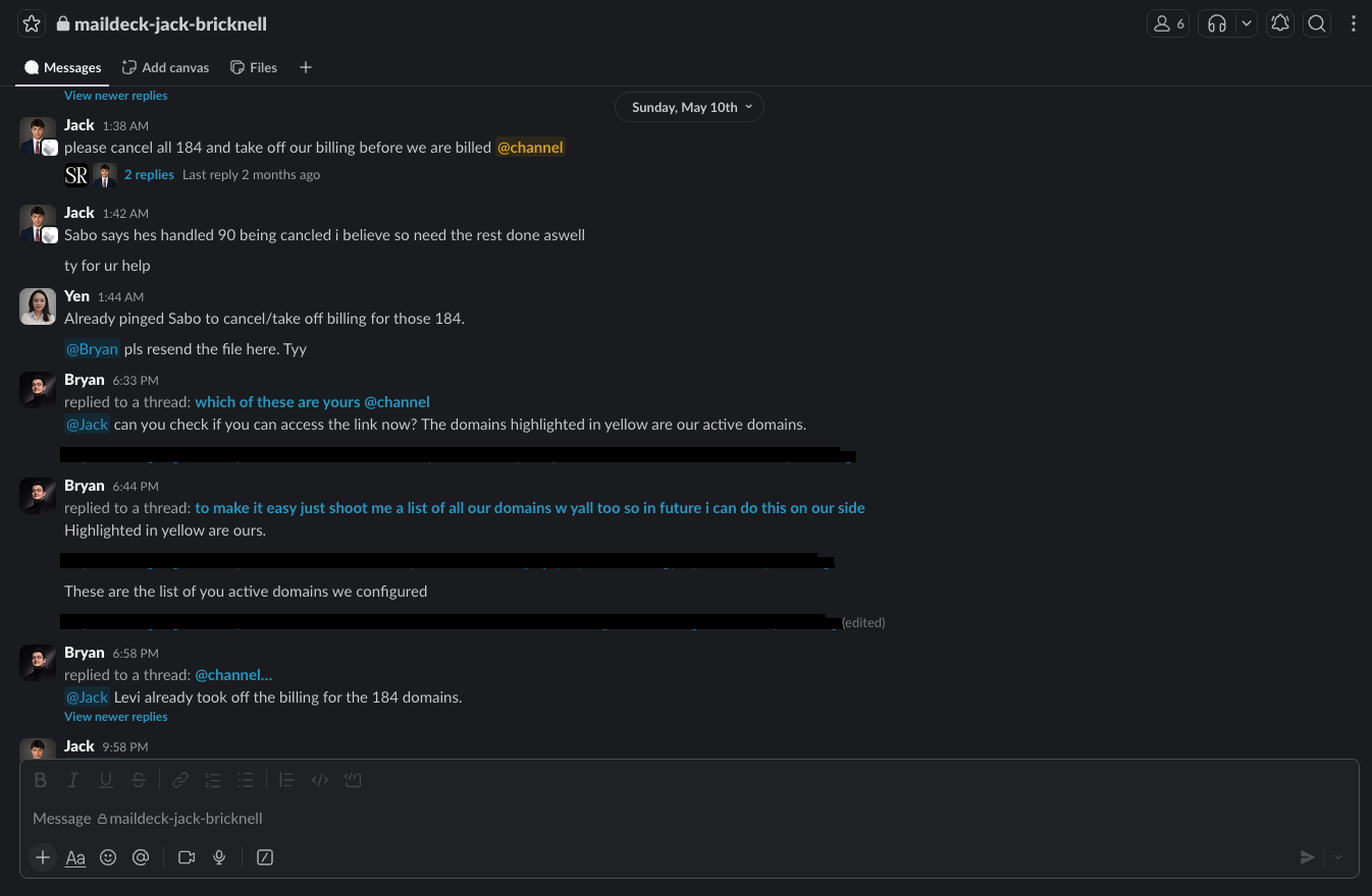 Slack: cancel all 184 and take off billing
