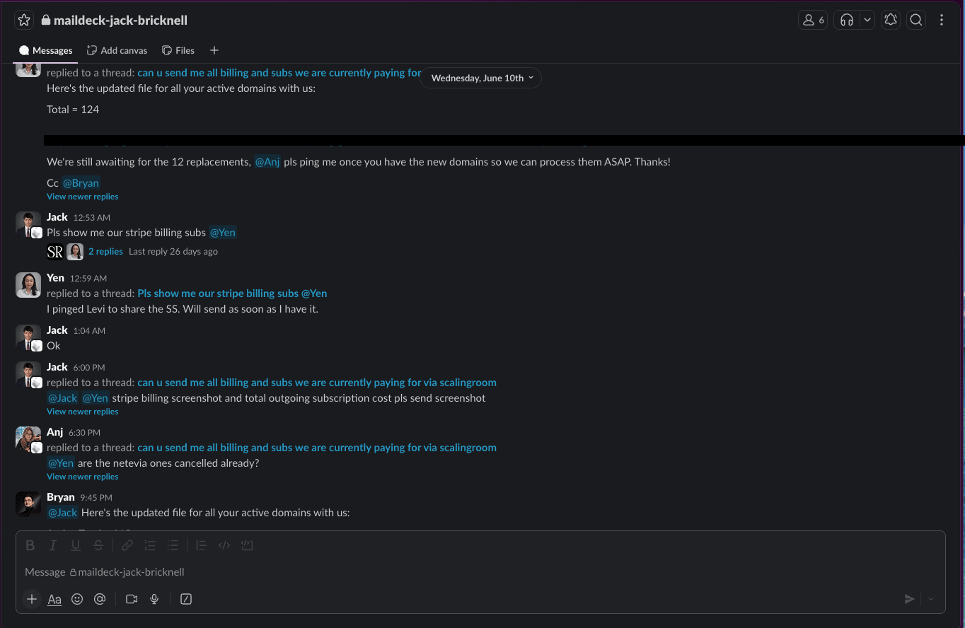 Slack: send me all billing and subs we are paying for