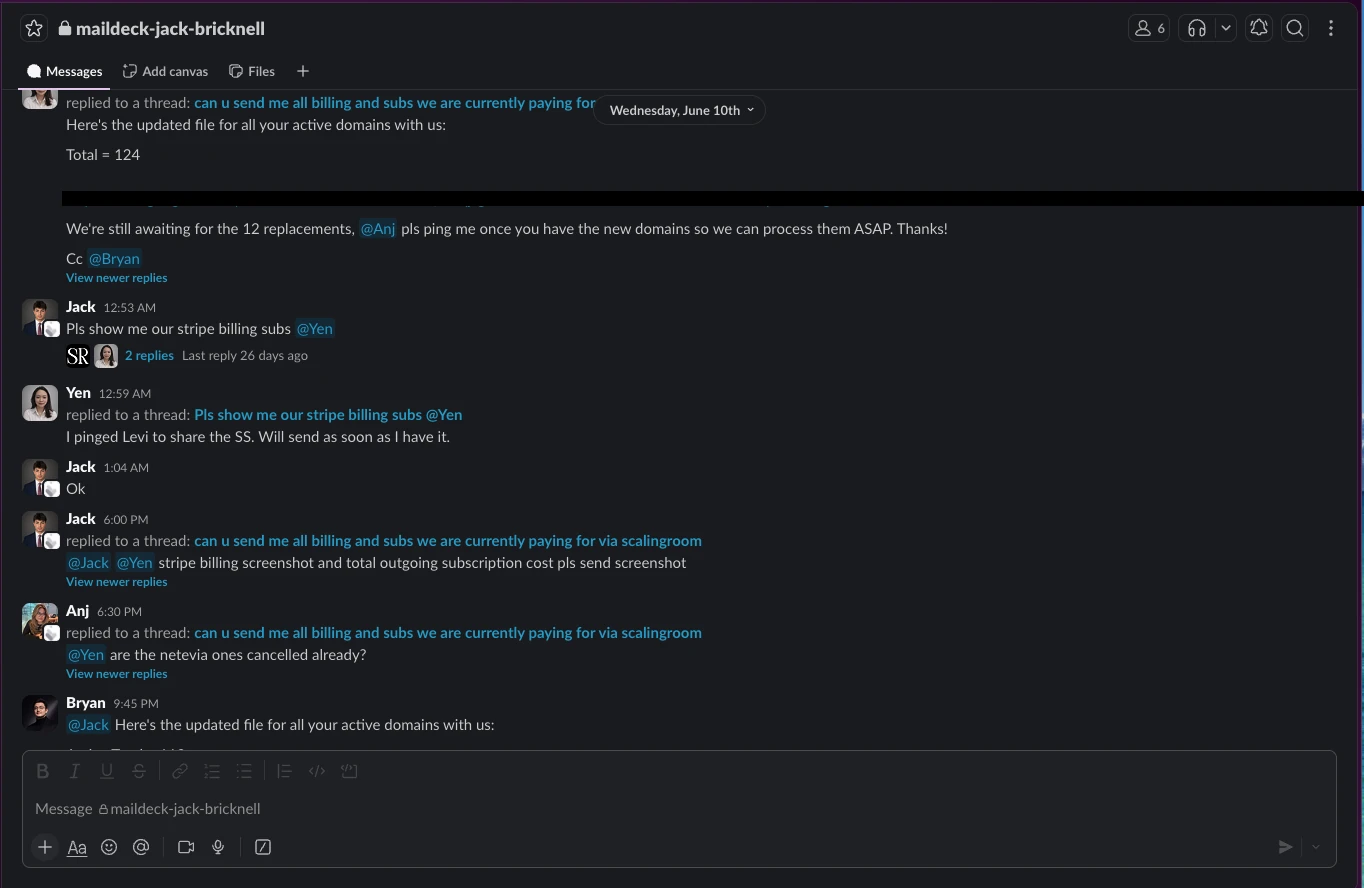 Slack: send me all billing and subs we are paying for