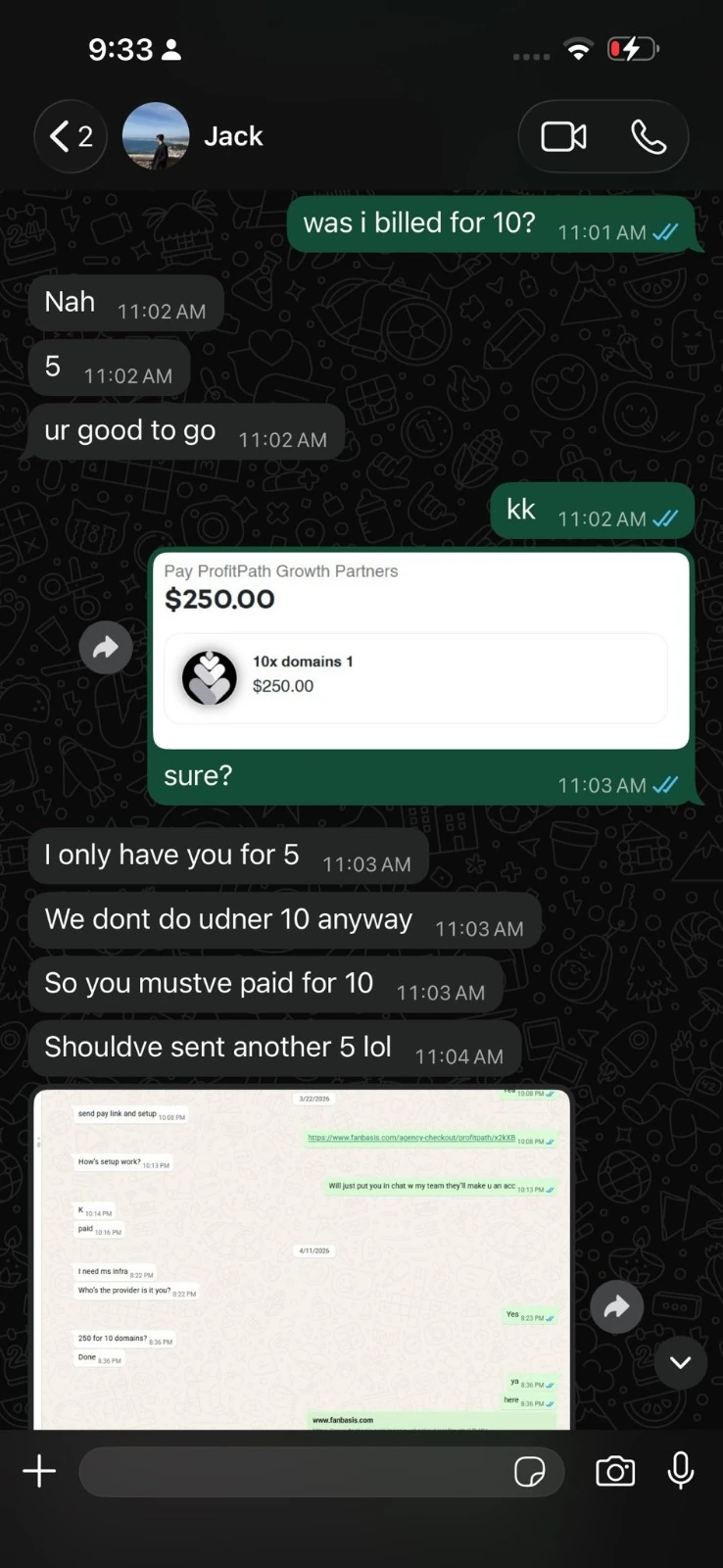 Customer WhatsApp about being overcharged for domains