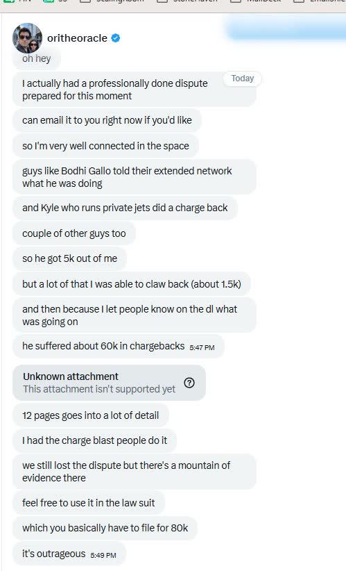 oritheoracle direct message about chargebacks