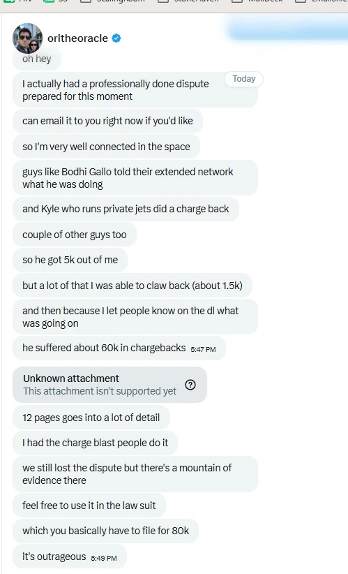oritheoracle direct message about chargebacks